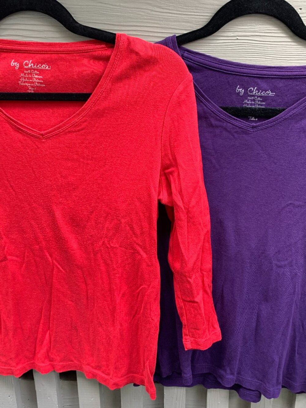 Chicos 3/4 sleeve set of 2 - 1 red & 1 purple cotton V-neck T shirts size 0